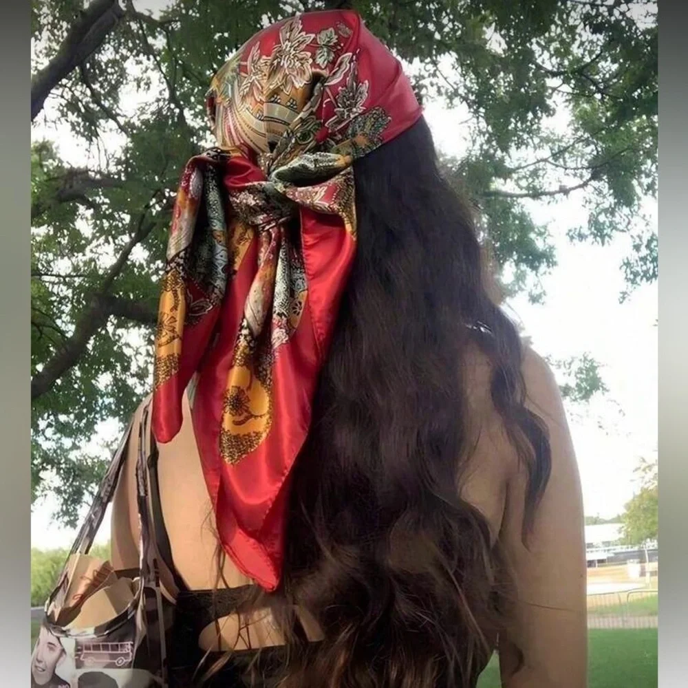 Boho Red Floral Paisley Silk Headscarf